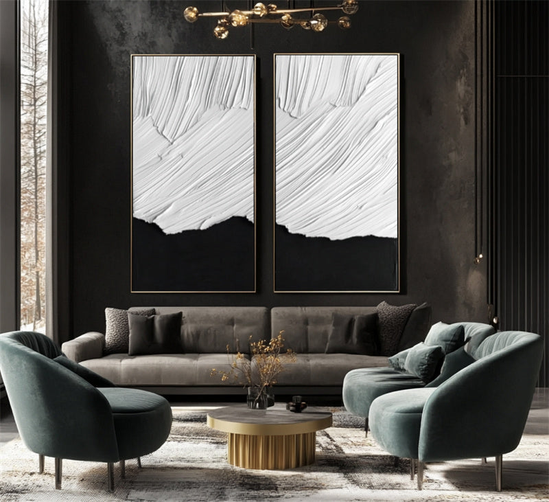 Monochrome Harmony: Large Black & White Abstract Diptych Art - Minimalist Wall Decor for Modern Spaces