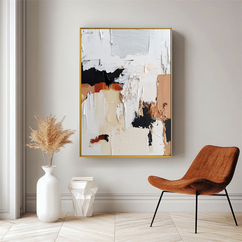 Dynamic Neutrals: Contemporary Impasto Art - Black & White with Orange Beige Accents