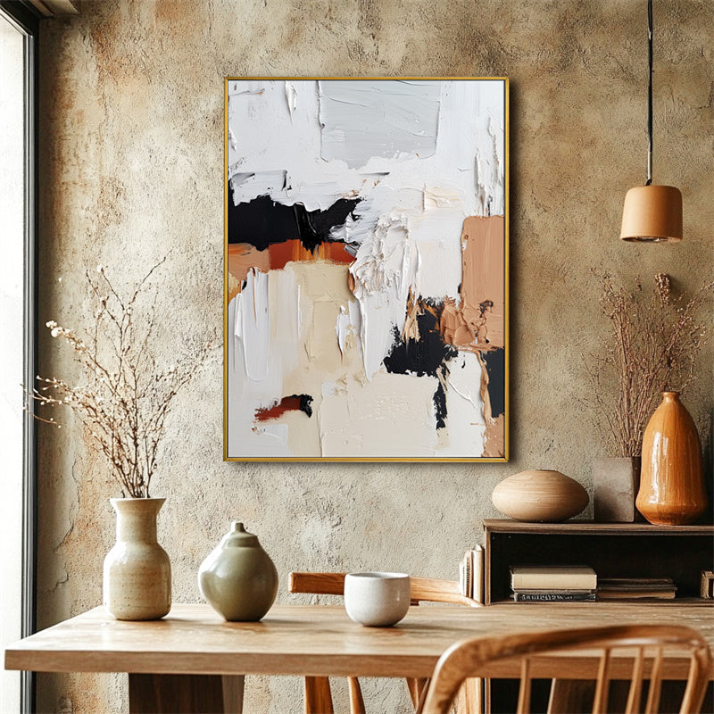 Dynamic Neutrals: Contemporary Impasto Art - Black & White with Orange Beige Accents