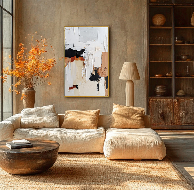 Dynamic Neutrals: Contemporary Impasto Art - Black & White with Orange Beige Accents