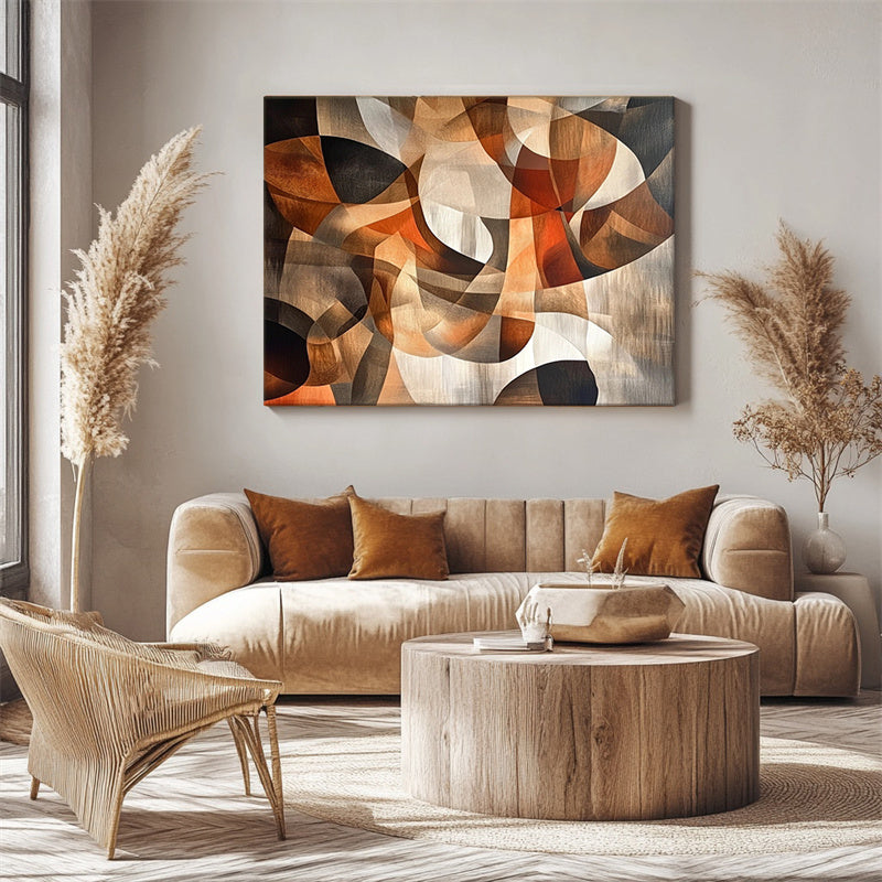 Earth Harmony: Modern Abstract Geometric Wall Art - Framed Canvas Painting with Warm Brown & Black Shapes for Home Decor