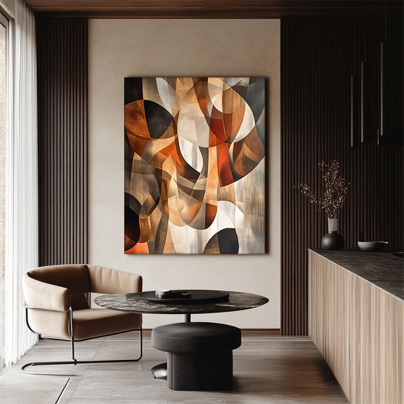 Earth Harmony: Modern Abstract Geometric Wall Art - Framed Canvas Painting with Warm Brown & Black Shapes for Home Decor