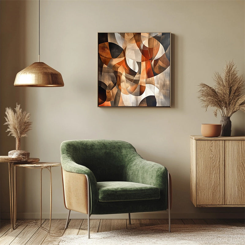 Earth Harmony: Modern Abstract Geometric Wall Art - Framed Canvas Painting with Warm Brown & Black Shapes for Home Decor