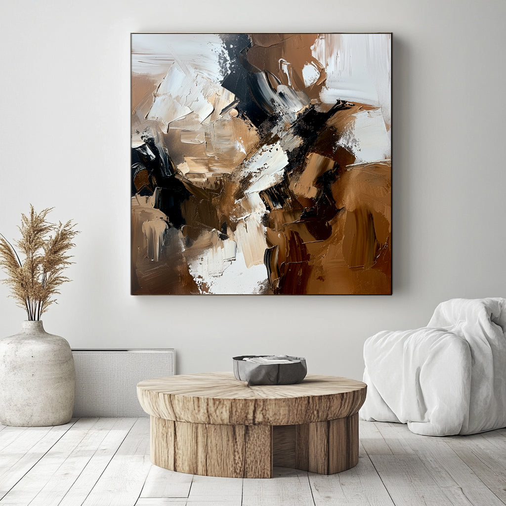 Earthy Harmony: Contemporary Impasto Style Abstract Wall Art - Brown Black & White Accent
