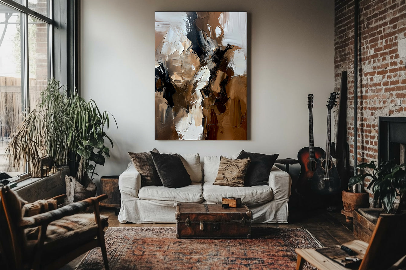 Earthy Harmony: Contemporary Impasto Style Abstract Wall Art - Brown Black & White Accent