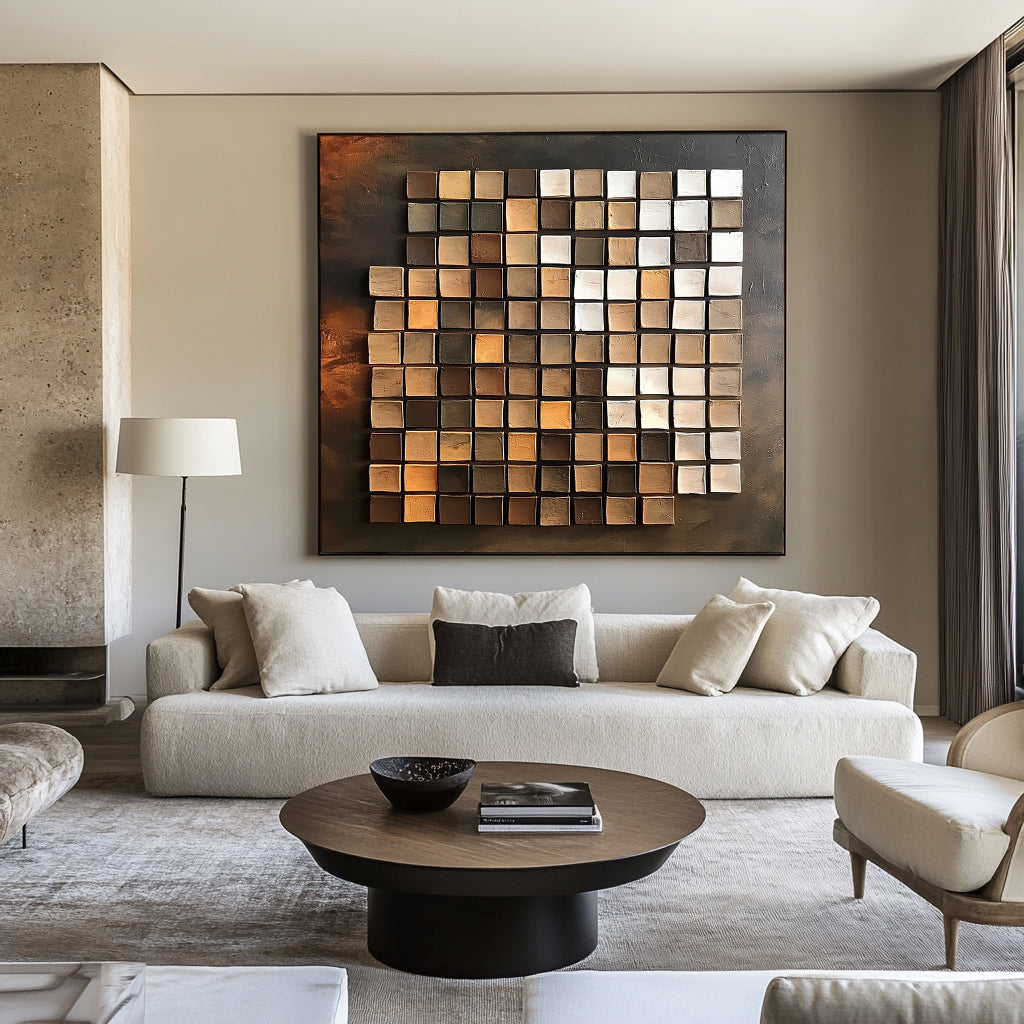 Earthy Gradient Grid: Modern Abstract 3D Square Wall Art - Brown and Gold Hues Accent Piece
