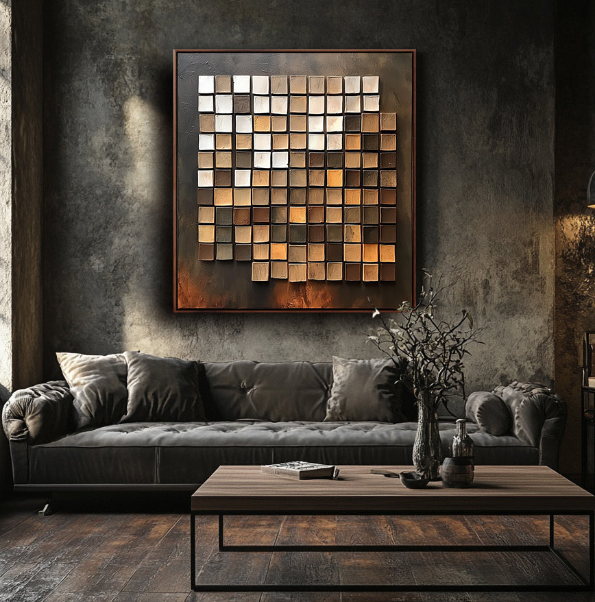 Earthy Gradient Grid: Modern Abstract 3D Square Wall Art - Brown and Gold Hues Accent Piece