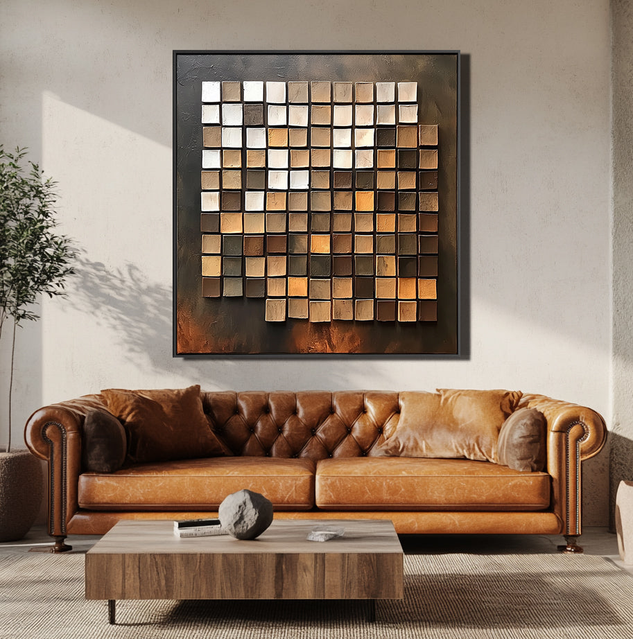 Earthy Gradient Grid: Modern Abstract 3D Square Wall Art - Brown and Gold Hues Accent Piece