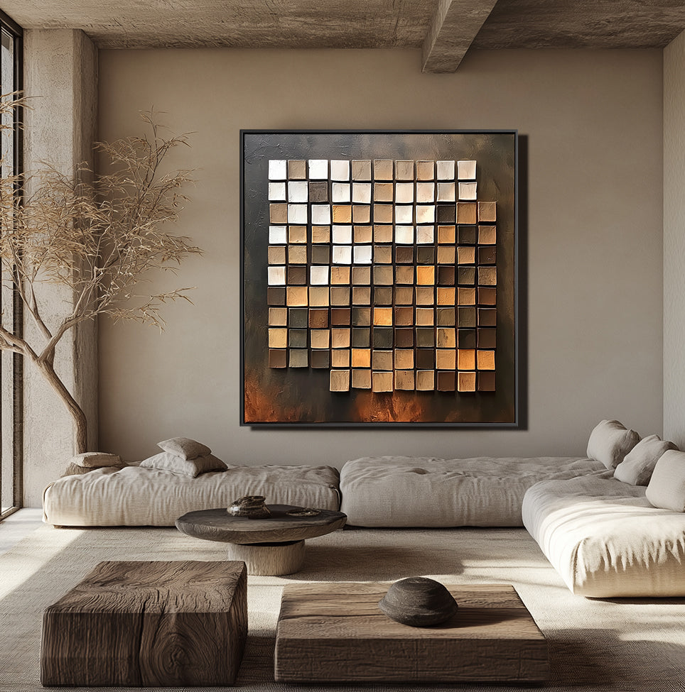 Earthy Gradient Grid: Modern Abstract 3D Square Wall Art - Brown and Gold Hues Accent Piece