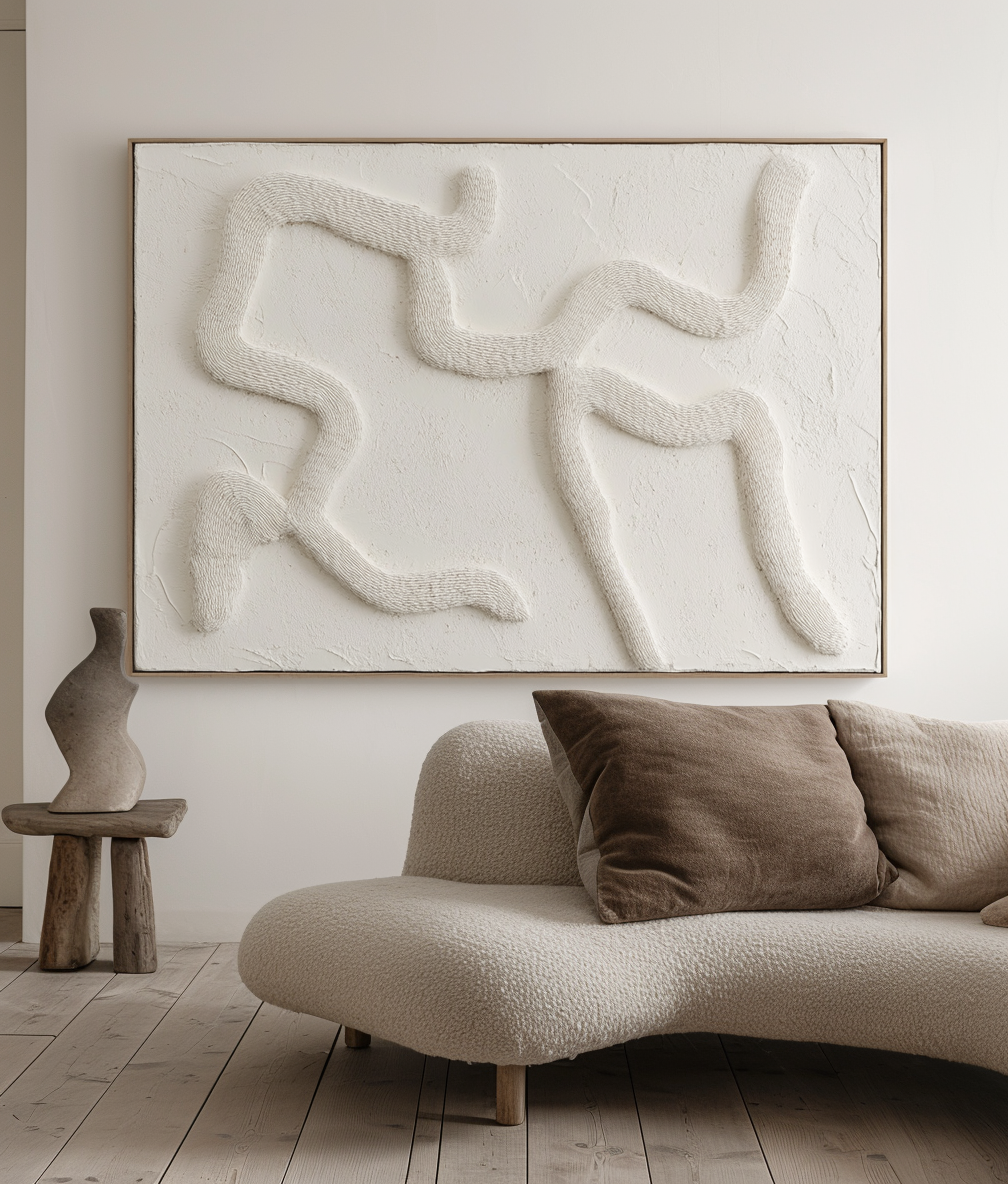 Ebb and Flow: Textured Abstract 3D Relief Wall Art - Beige Curved Lines Framed Painting for Home Decor