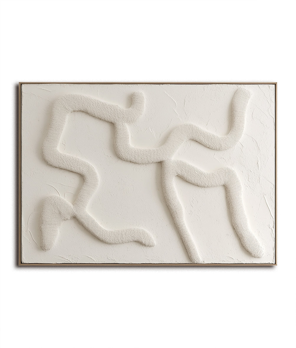 Textured Abstract 3D Relief Wall Art - Beige Curved Lines Framed Painting for Home Decor