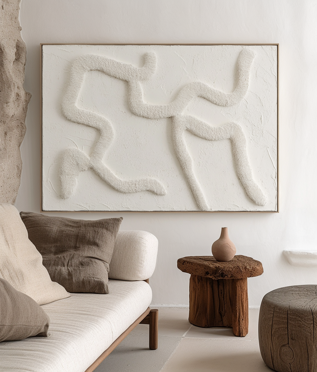 Ebb and Flow: Textured Abstract 3D Relief Wall Art - Beige Curved Lines Framed Painting for Home Decor