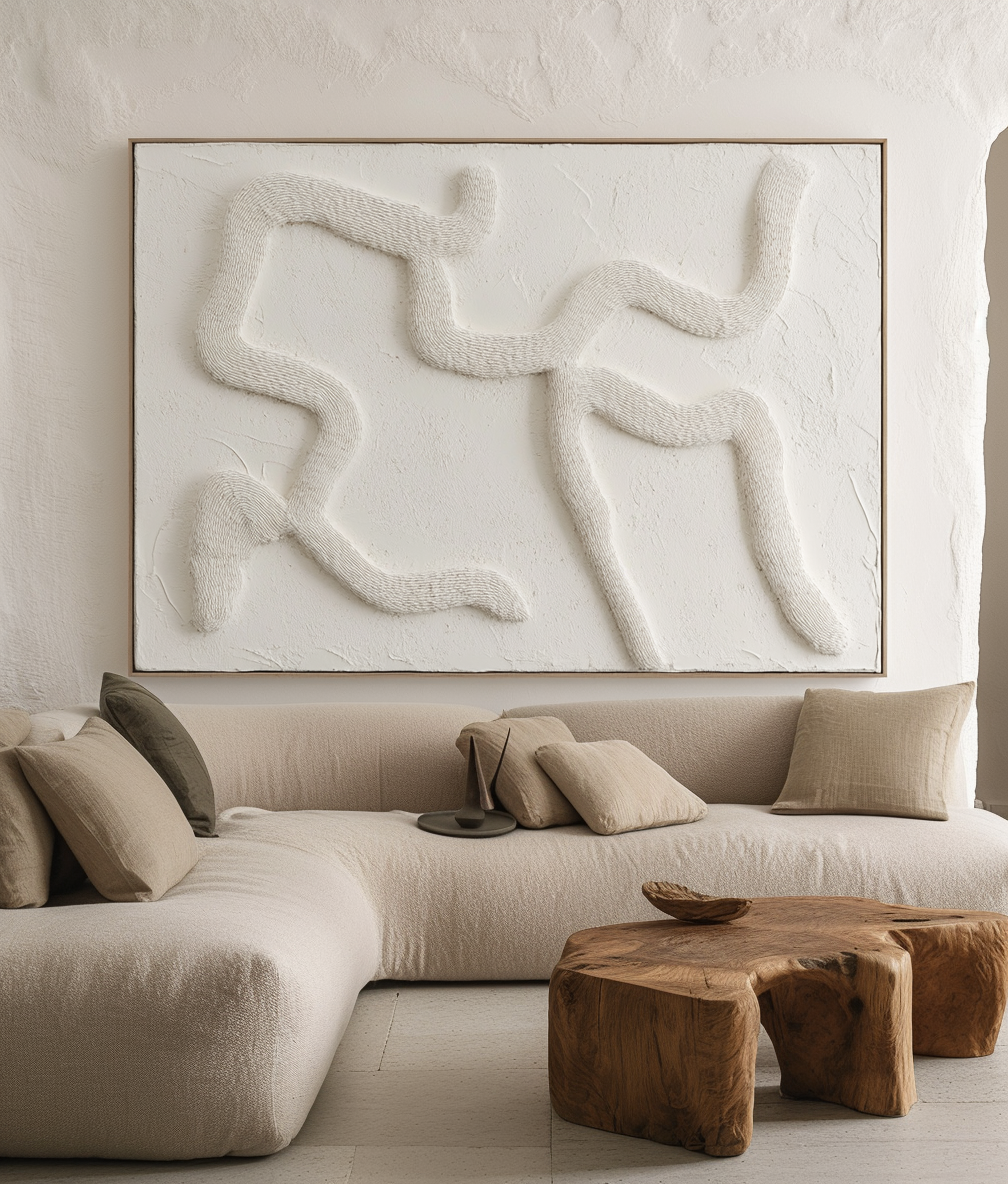 Ebb and Flow: Textured Abstract 3D Relief Wall Art - Beige Curved Lines Framed Painting for Home Decor