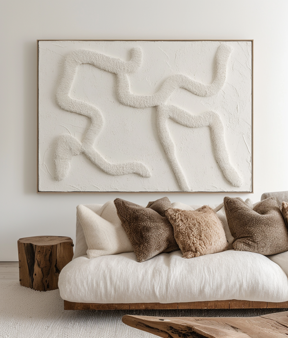 Ebb and Flow: Textured Abstract 3D Relief Wall Art - Beige Curved Lines Framed Painting for Home Decor