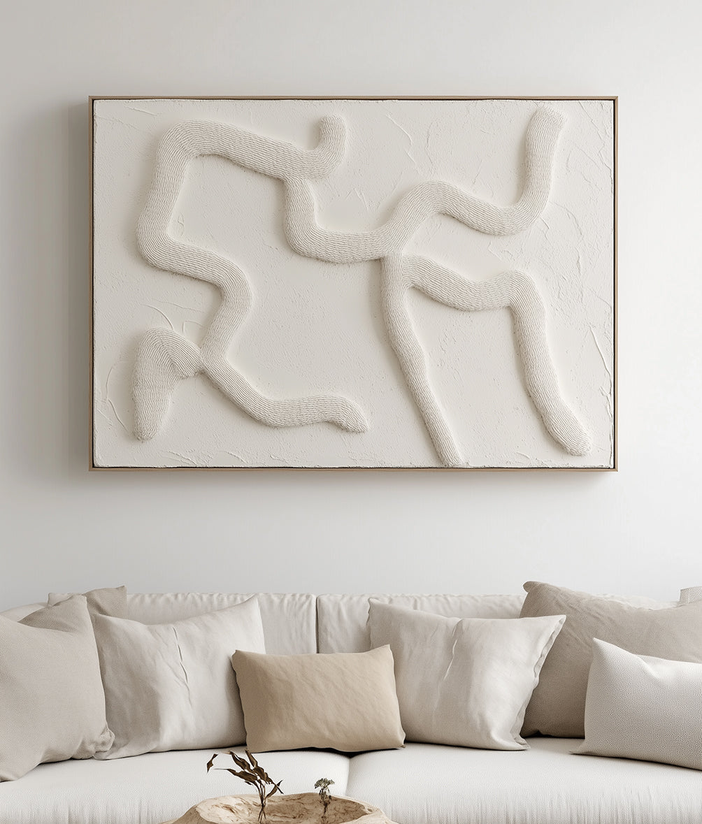 Ebb and Flow: Textured Abstract 3D Relief Wall Art - Beige Curved Lines Framed Painting for Home Decor