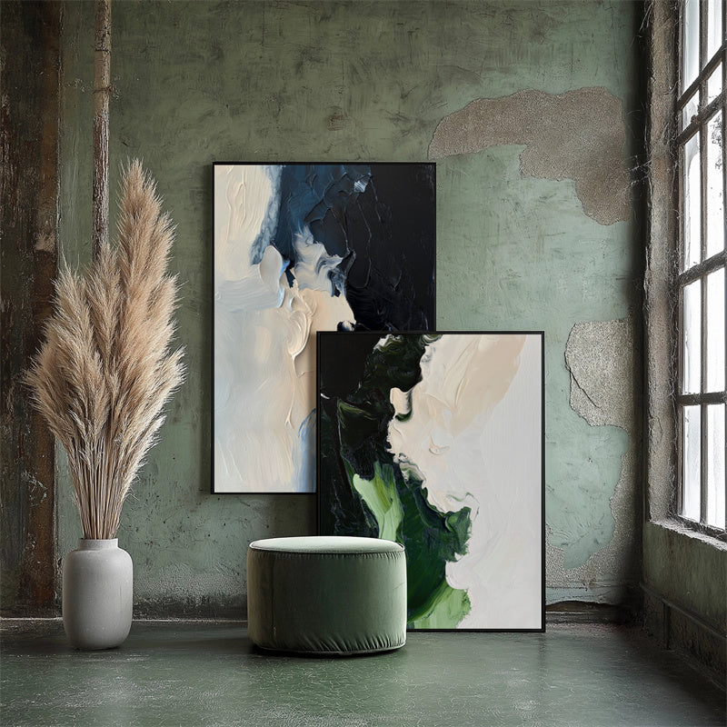 Echoes of the Earth-Modern Abstract Oil Painting - Bold Green & Black Brushstroke Art for Home Decor