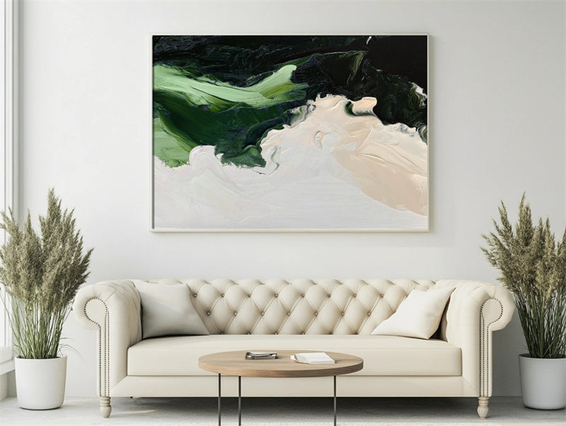 Echoes of the Earth-Modern Abstract Oil Painting - Bold Green & Black Brushstroke Art for Home Decor