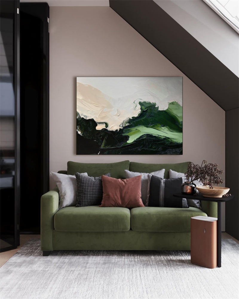 Echoes of the Earth-Modern Abstract Oil Painting - Bold Green & Black Brushstroke Art for Home Decor