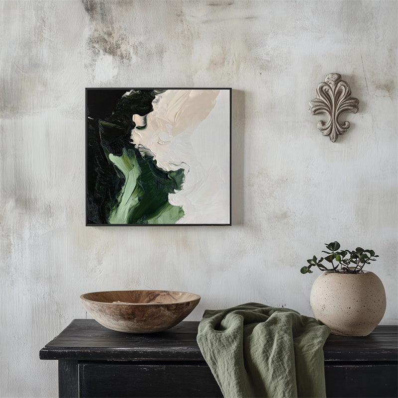 Echoes of the Earth-Modern Abstract Oil Painting - Bold Green & Black Brushstroke Art for Home Decor