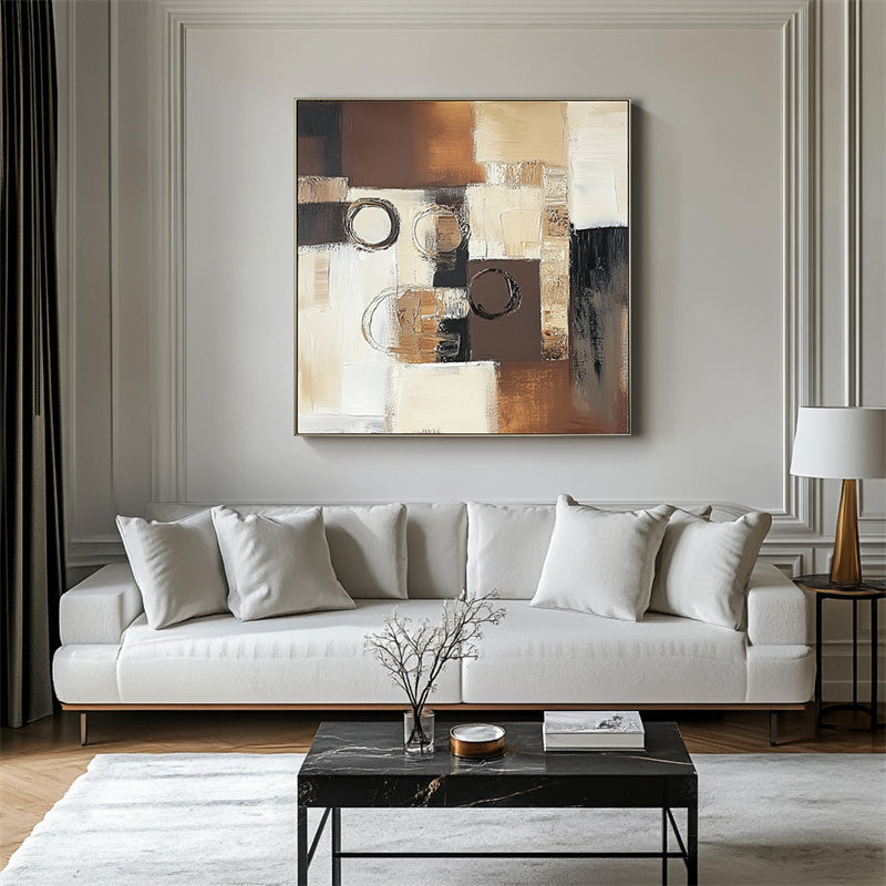Eclipse Harmony: Textured Abstract Oil Painting with Brown, Black & Beige Tones - Modern Wall Art, Stylish Decor for Contemporary Interiors