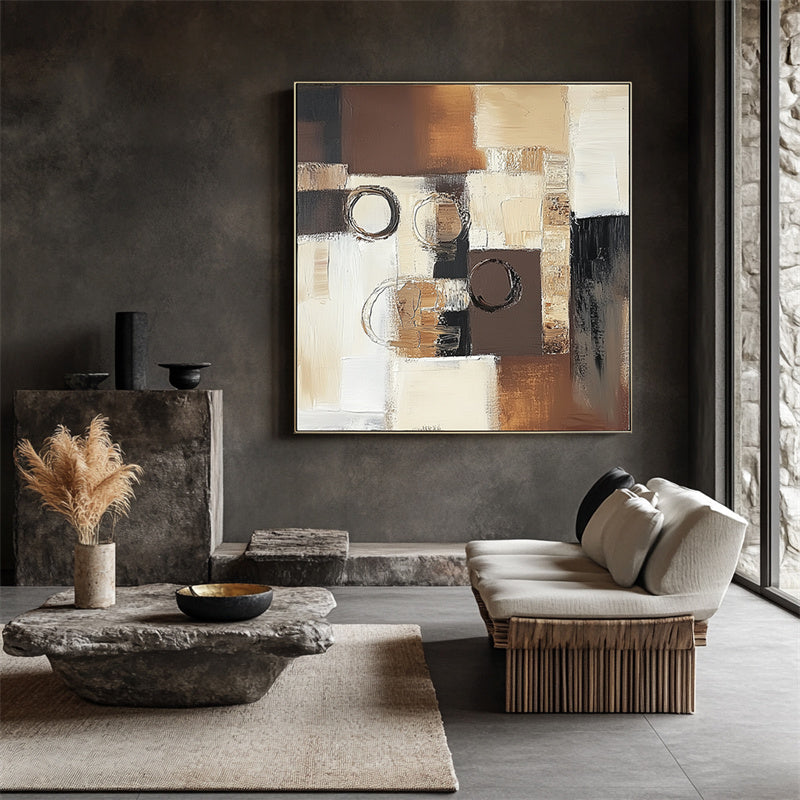 Eclipse Harmony: Textured Abstract Oil Painting with Brown, Black & Beige Tones - Modern Wall Art, Stylish Decor for Contemporary Interiors