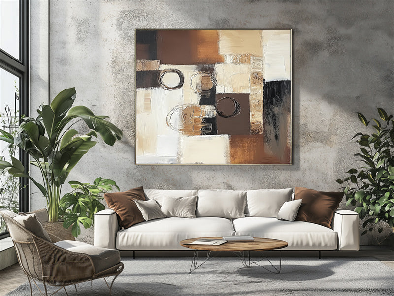Eclipse Harmony: Textured Abstract Oil Painting with Brown, Black & Beige Tones - Modern Wall Art, Stylish Decor for Contemporary Interiors