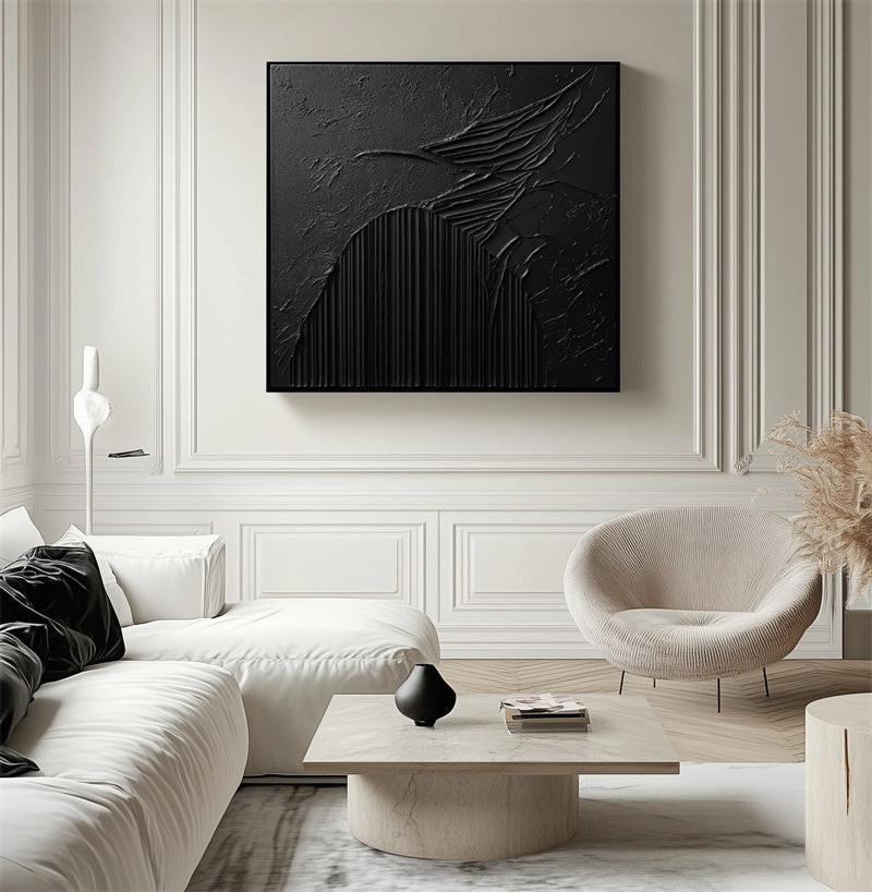 Eclipse Symphony: 3D Textured Black Abstract Art - Minimalist Wall Decor, Edgy Accent for Modern Luxe Interiors