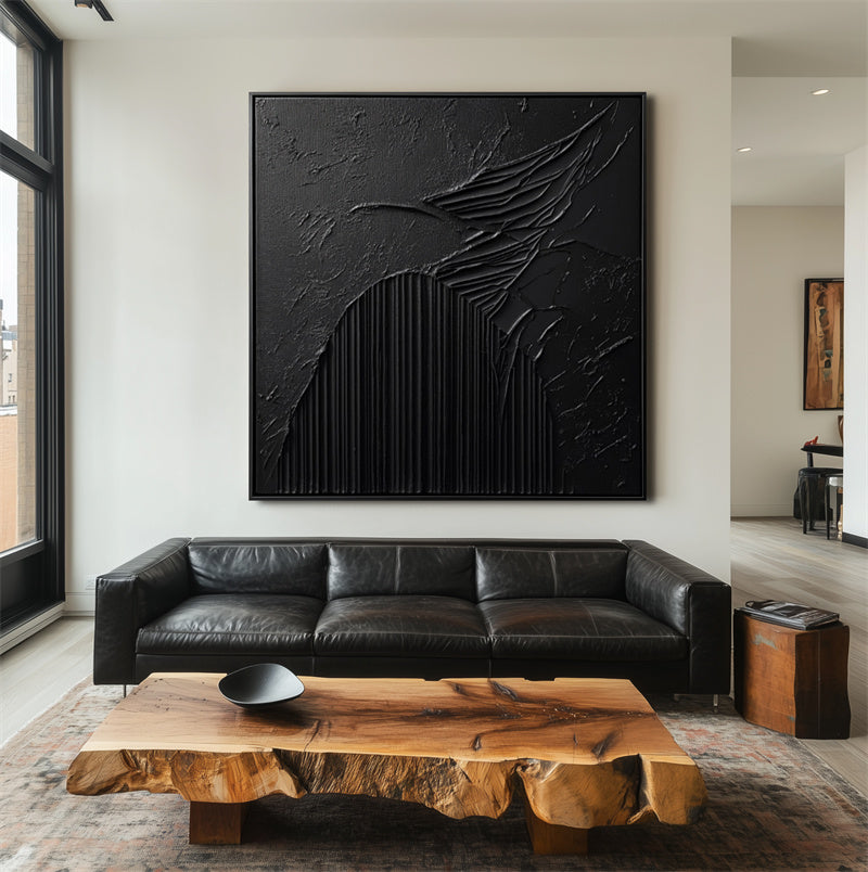 Eclipse Symphony: 3D Textured Black Abstract Art - Minimalist Wall Decor, Edgy Accent for Modern Luxe Interiors