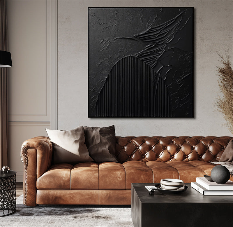 Eclipse Symphony: 3D Textured Black Abstract Art - Minimalist Wall Decor, Edgy Accent for Modern Luxe Interiors