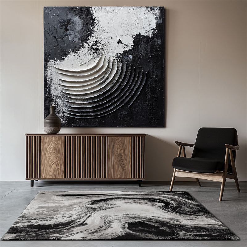 Eclipse Waves: 3D Textured Black & White Abstract Oil Painting - Minimalist Wall Art, Edgy Decor for Modern Interiors