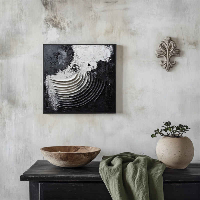 Eclipse Waves: 3D Textured Black & White Abstract Oil Painting - Minimalist Wall Art, Edgy Decor for Modern Interiors