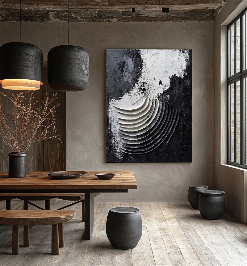 Eclipse Waves: 3D Textured Black & White Abstract Oil Painting - Minimalist Wall Art, Edgy Decor for Modern Interiors