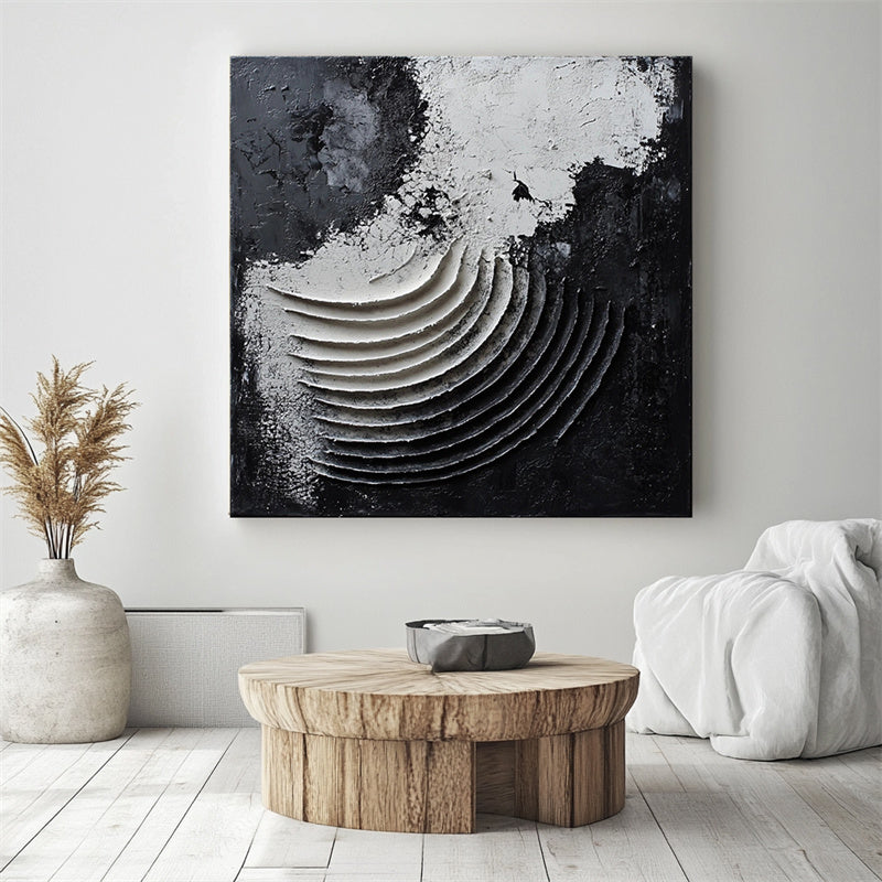 Eclipse Waves: 3D Textured Black & White Abstract Oil Painting - Minimalist Wall Art, Edgy Decor for Modern Interiors