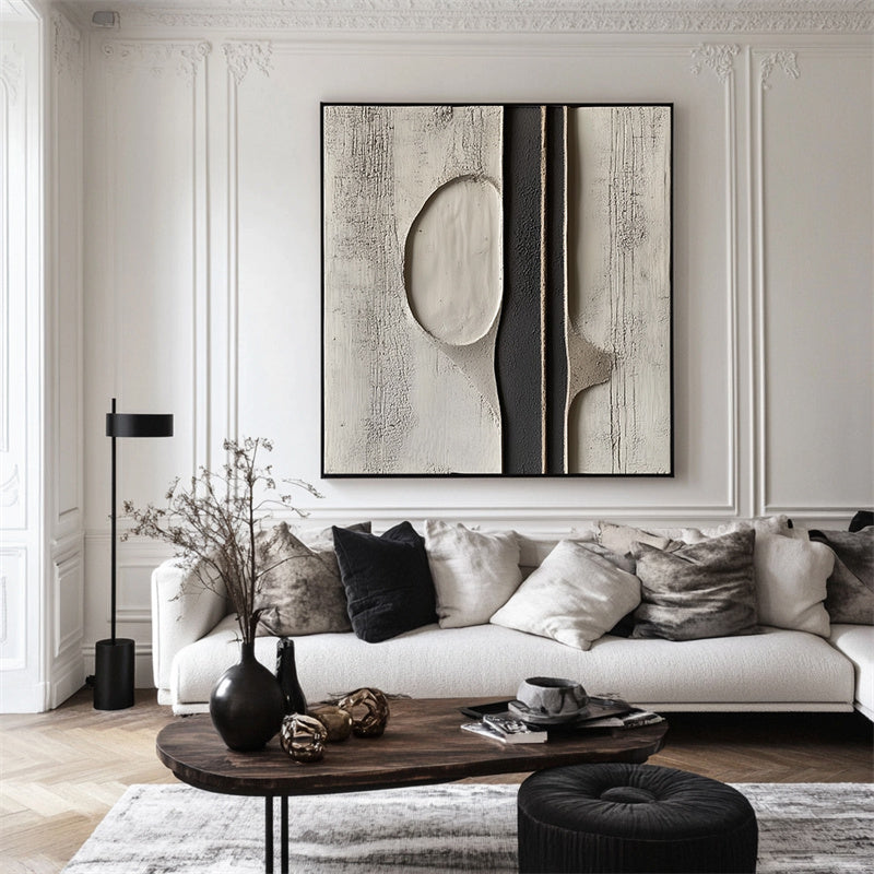 Ethereal Divide: 3D Textured Monochrome Abstract Art - Black Grey Beige Tones, Minimalist Wall Decor for Modern Interiors