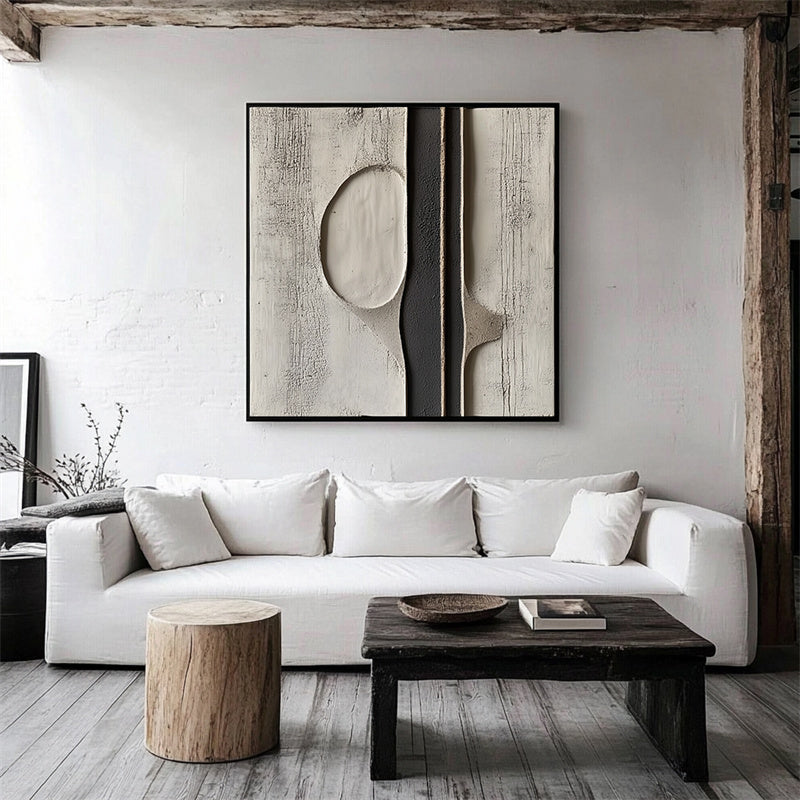 Ethereal Divide: 3D Textured Monochrome Abstract Art - Black Grey Beige Tones, Minimalist Wall Decor for Modern Interiors