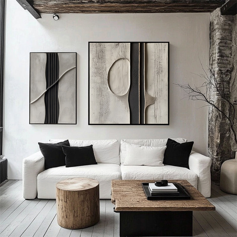 Ethereal Divide: 3D Textured Monochrome Abstract Art - Black Grey Beige Tones, Minimalist Wall Decor for Modern Interiors