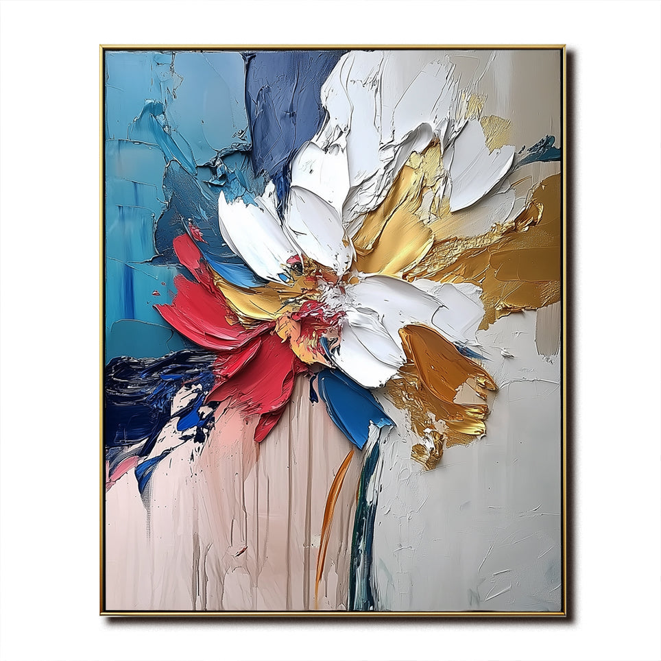 Colorful Textured Floral Artwork with Golden Details - Impasto Oil Painting, Stylish Wall Decor for Contemporary Interiors