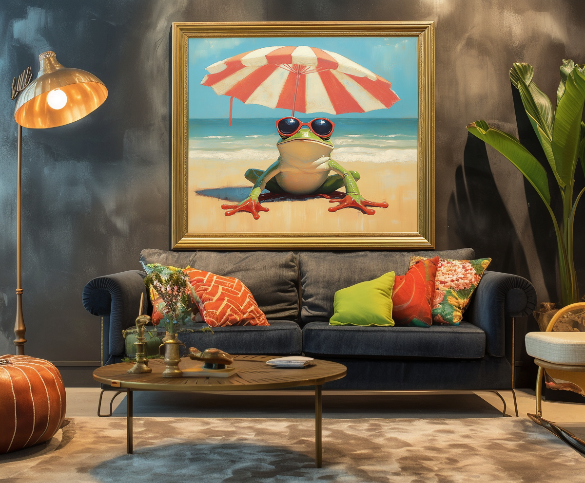 Chill Frog: Funny Frog on Beach with Sunglasses & Umbrella - Whimsical Oil Painting, Coastal Wall Art for Living Room & Kids’ Space