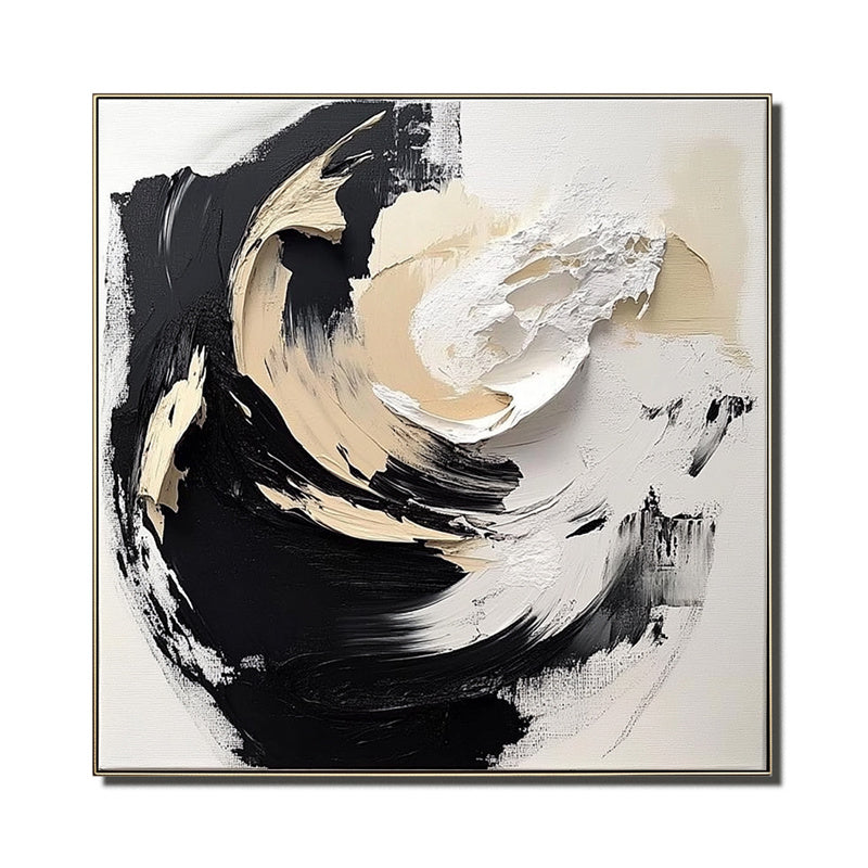 Textured Abstract Swirl Oil Painting in Black, Beige & White - Dynamic Wall Art, Modern Decor for Contemporary Living Spaces