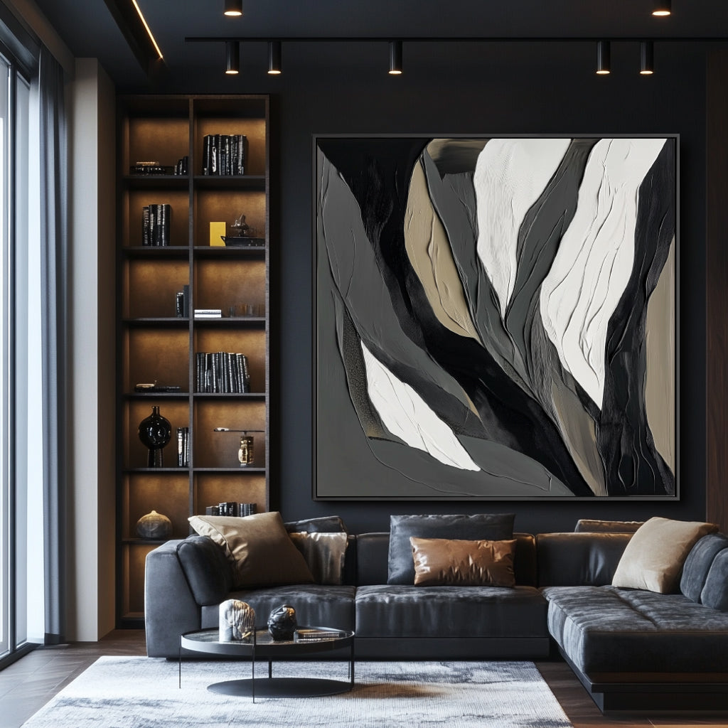 Ethereal Veins: Textured Monochrome Abstract Oil Painting - Black Grey Beige Tones, Modern Wall Decor for Contemporary Interiors