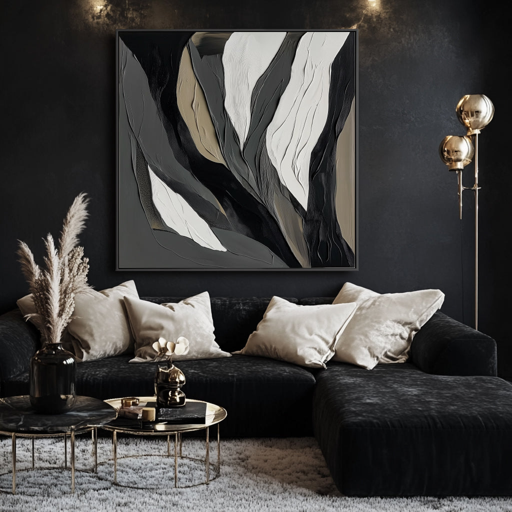 Ethereal Veins: Textured Monochrome Abstract Oil Painting - Black Grey Beige Tones, Modern Wall Decor for Contemporary Interiors