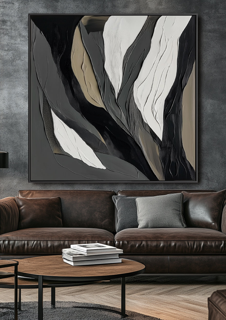 Ethereal Veins: Textured Monochrome Abstract Oil Painting - Black Grey Beige Tones, Modern Wall Decor for Contemporary Interiors