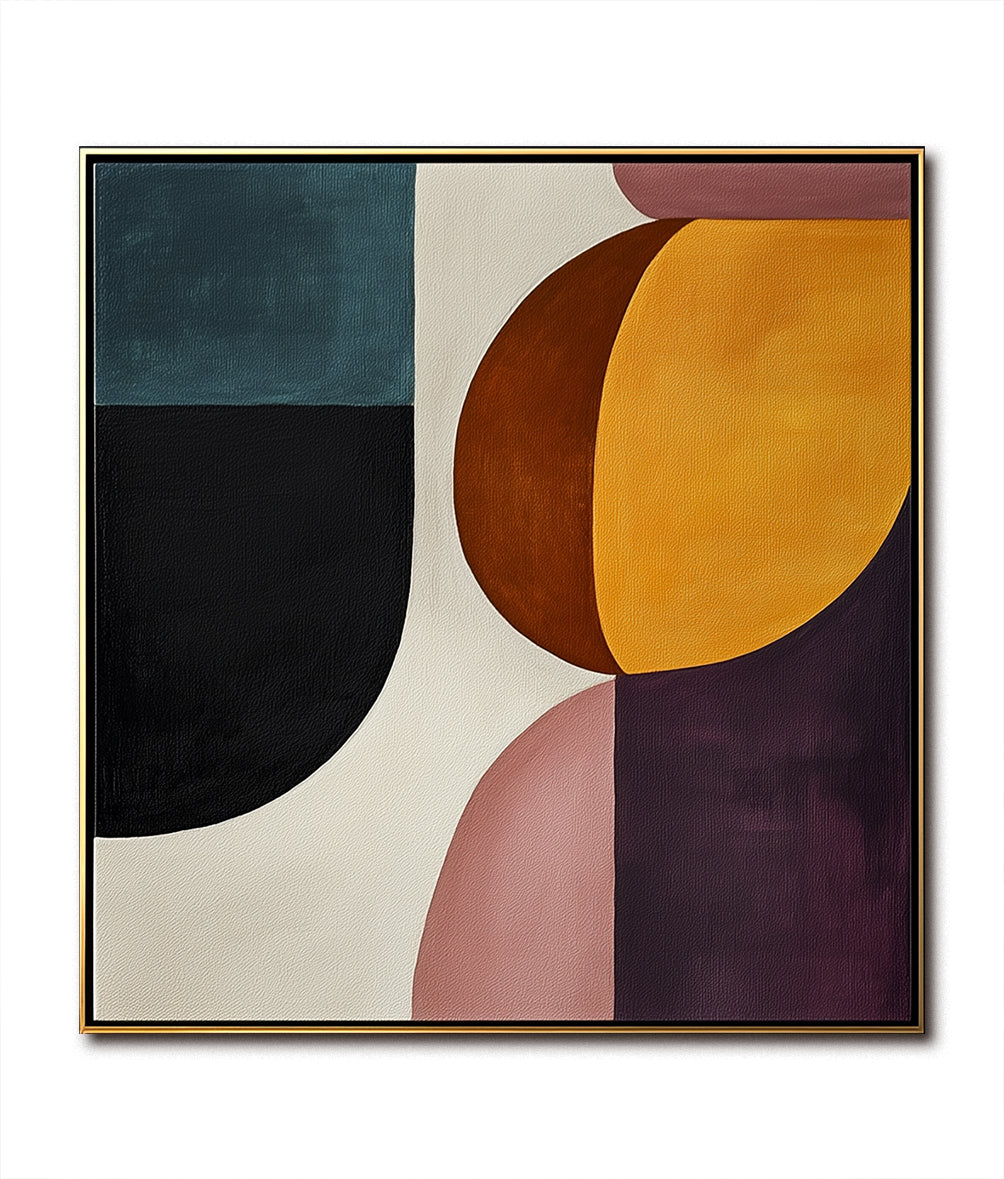 Geometric Abstract Oil Painting - Modern Color Block Wall Art, Multicolor Shapes Decor for Living Room Interiors