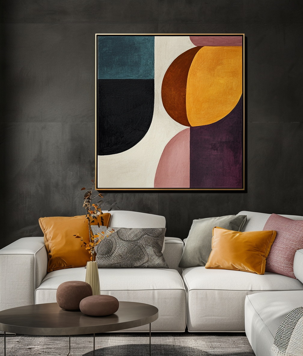 Modern Balance: Geometric Abstract Oil Painting - Modern Color Block Wall Art, Multicolor Shapes Decor for Living Room Interiors
