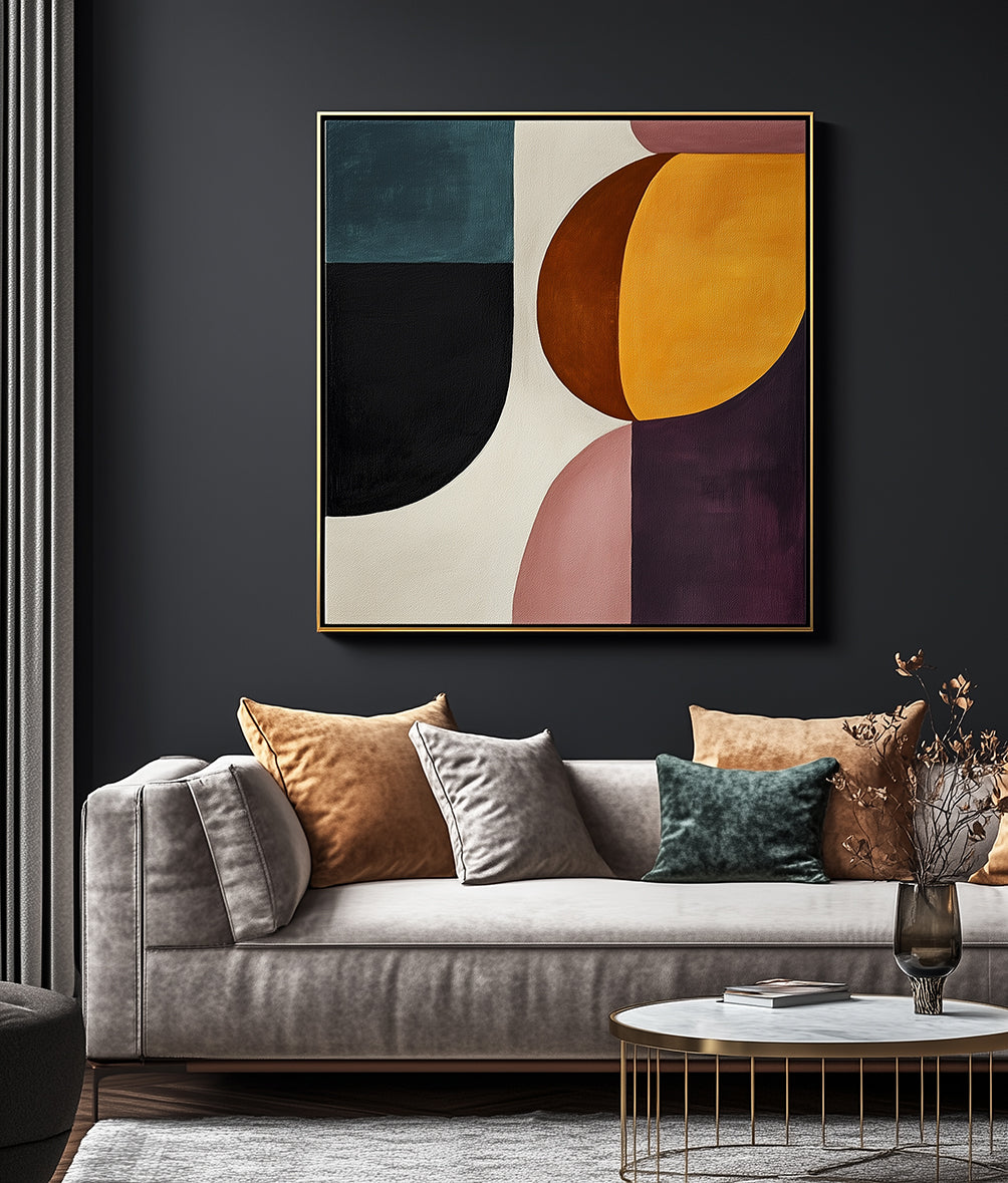 Modern Balance: Geometric Abstract Oil Painting - Modern Color Block Wall Art, Multicolor Shapes Decor for Living Room Interiors