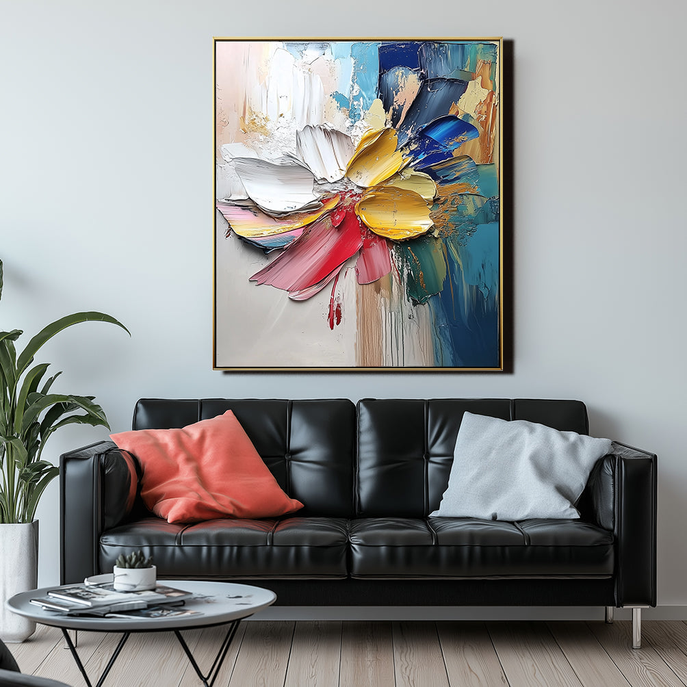 Euphoria Bloom: Abstract Colorful Floral Oil Painting - Framed Thick Textured Wall Art with Gold Accents for Home Decor