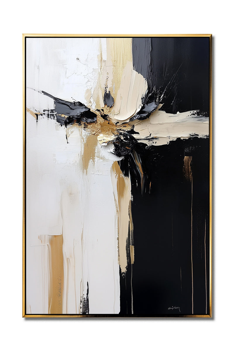 Divergent Flow: Thick Texture Abstract Artwork - Black, White & Gold for Living Room Wall