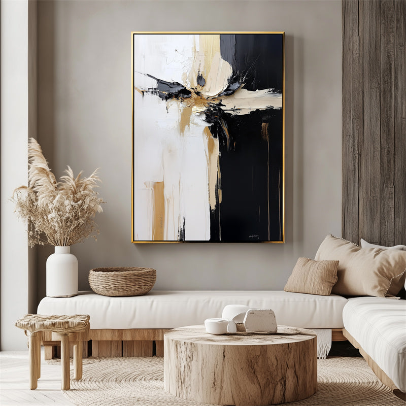 Divergent Flow: Thick Texture Abstract Artwork - Black, White & Gold for Living Room Wall