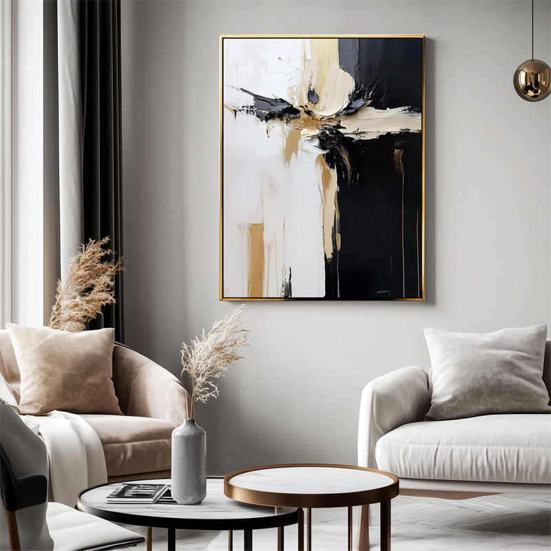 Divergent Flow: Thick Texture Abstract Artwork - Black, White & Gold for Living Room Wall