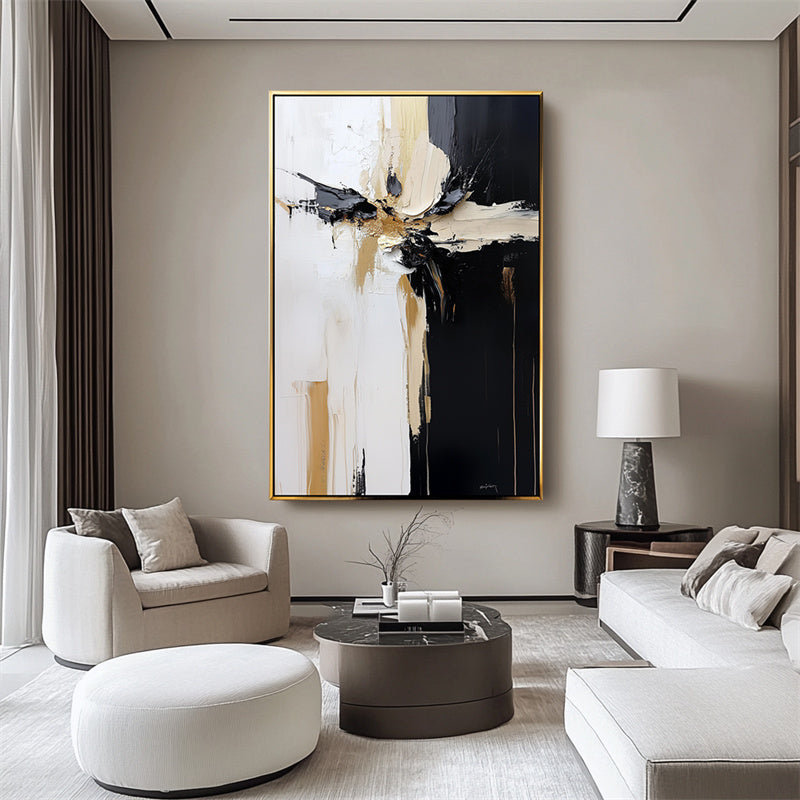 Divergent Flow: Thick Texture Abstract Artwork - Black, White & Gold for Living Room Wall